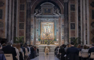 Pope Francis prays the rosary in the Gregorian Chapel in St. Peter's Basilica May 1, 2021. Daniel Ibanez/Vatican Pool.